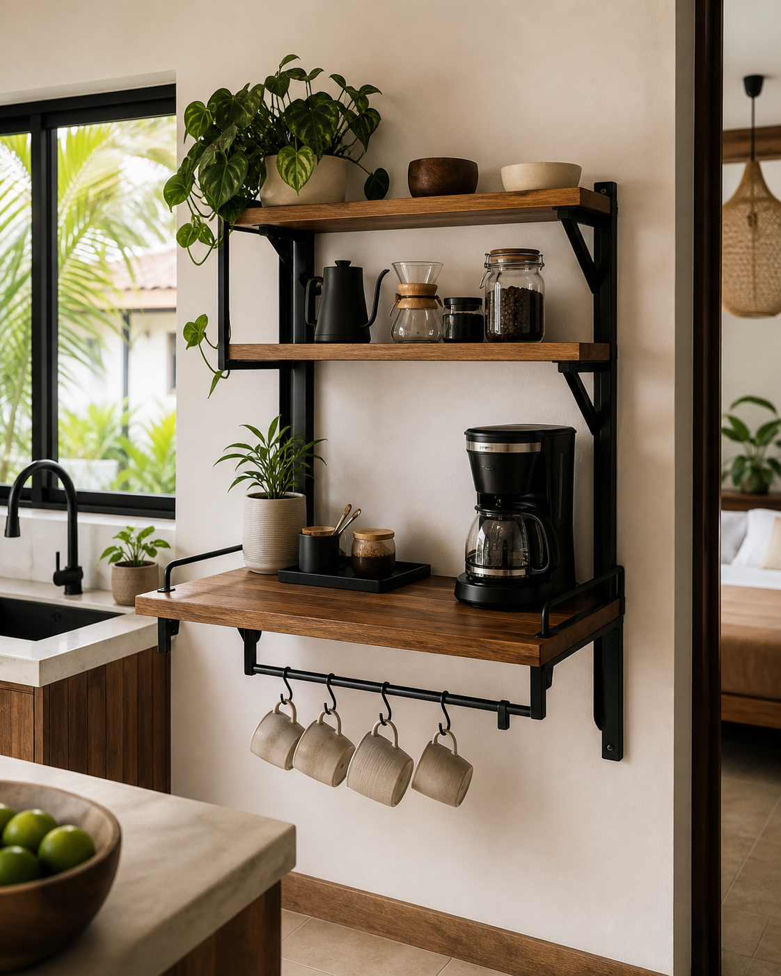 Custom wall mounted metal and wood coffee station for rental kitchen