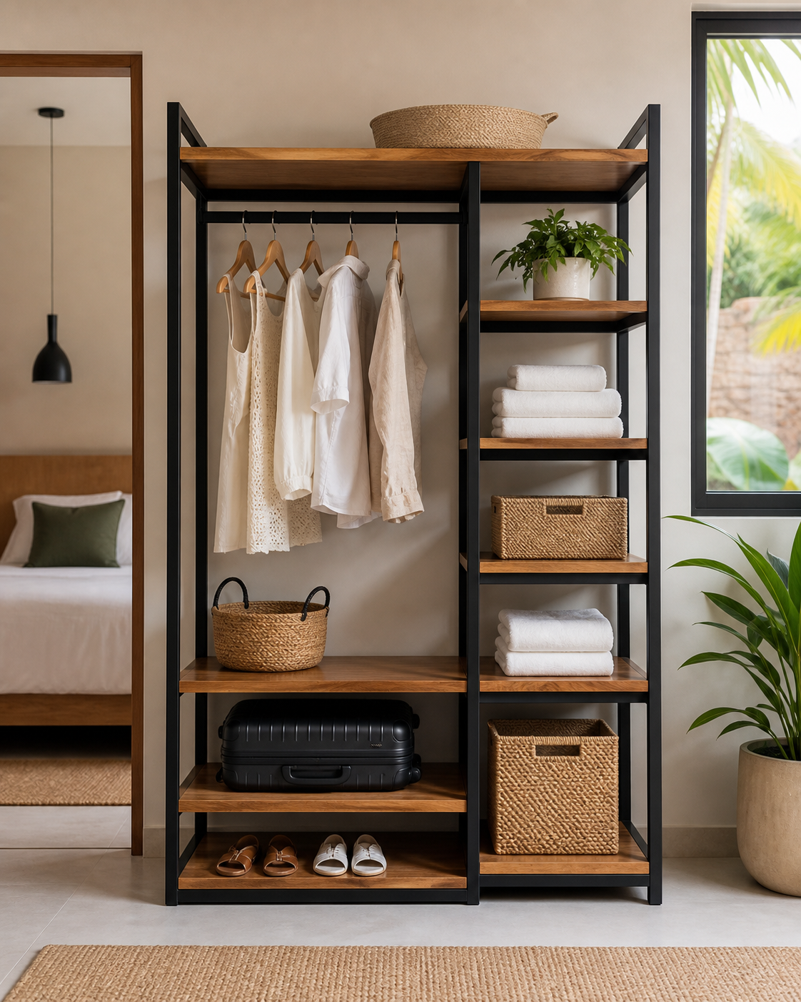 Custom open wardrobe and linen storage unit in metal and wood