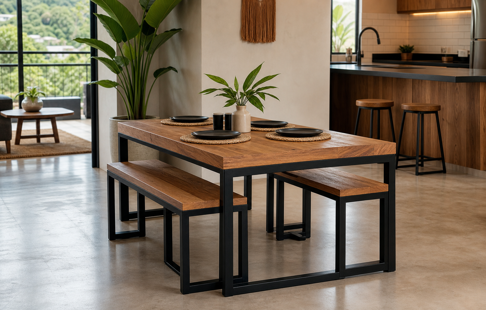 Compact metal and wood dining and laptop work table with benches